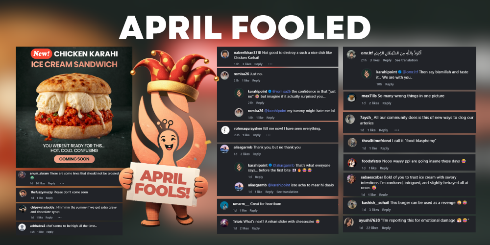 “Instagram grid showing April Fools reveal post with audience comments and engagement for Karahi Point campaign by Digitonz”